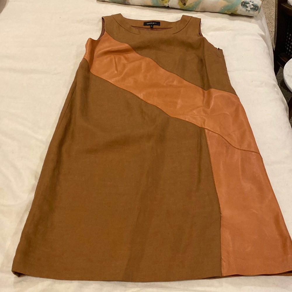 Lafayette 148 New York tan and khaki leather/linen a-line sheath dress 6